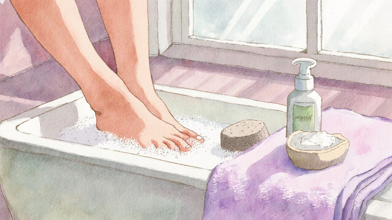 Domácí péče o nohy – exfoliace a hydratační krém v koupelně.