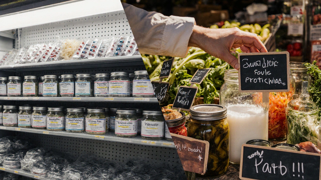 Dvě části obrázku: na levé straně léky v plásticích, na pravé straně přírodní kvasené potraviny na trhu.