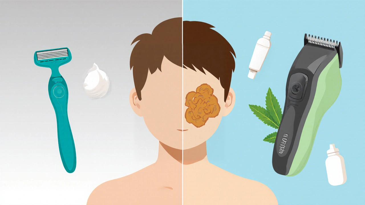 Flat design porovnává holení, waxing a trimmování u teenagera.