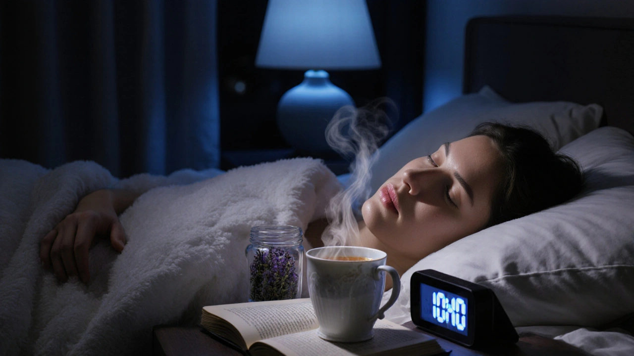 Klidná ložnice, spící osoba, na nočním stolku čaj melatoninu a levandule, tichá noc.