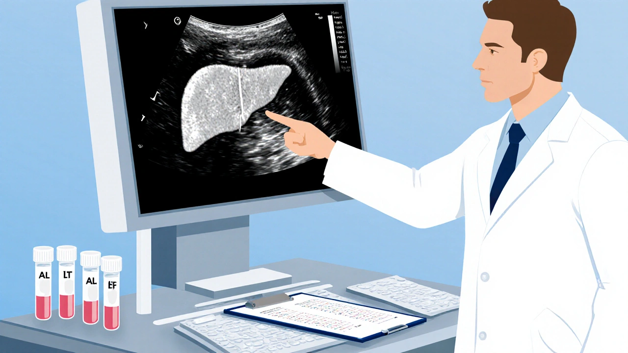 Lékař používá ultrazvuk k vyšetření jater, vedle testovací zkumavky ALT a AST.