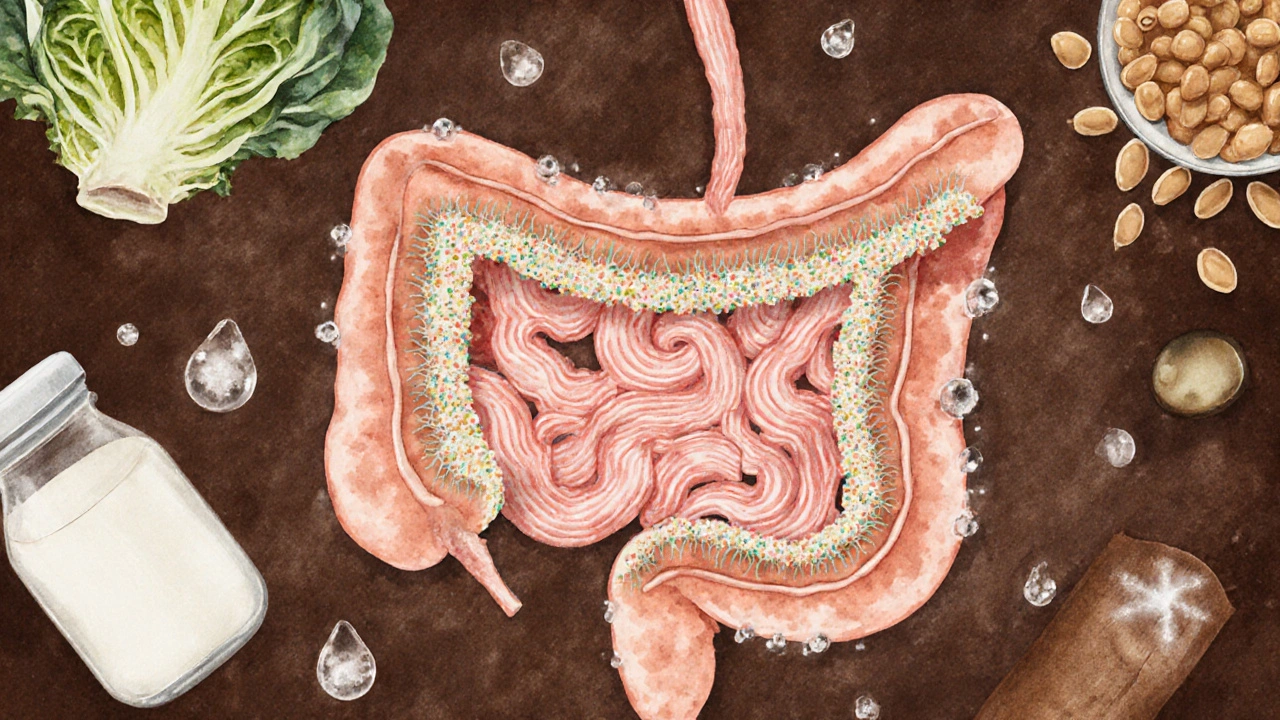 Mikroskopický pohled na střevní výstelku s živými laktobacily a přirozenými potravinami jako korálovými koloniemi.