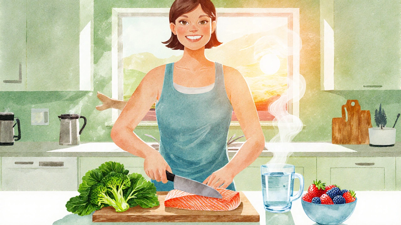 Osoba připravuje zdravé jídlo s brokolicí, lososem a bylinným čajem, dělá jógu.