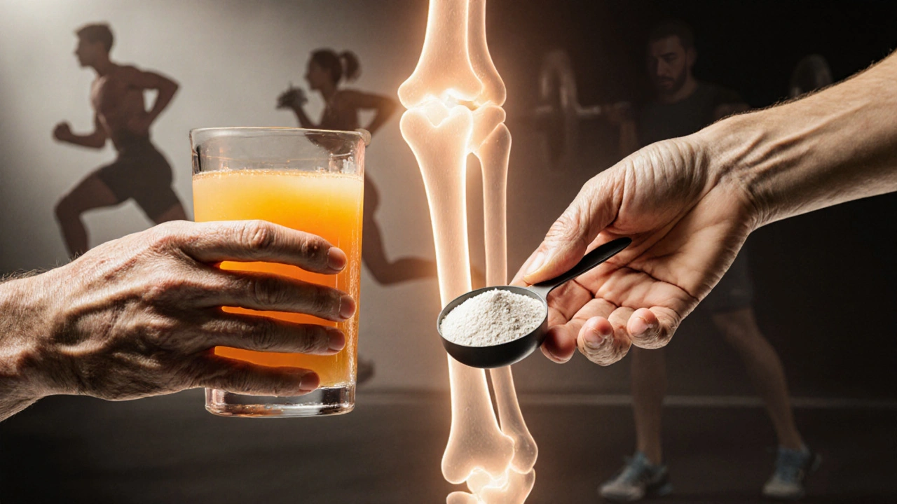 Ruce drží kolagen a džus, za nimi se objevuje zářící šlacha spojující sval a kost.