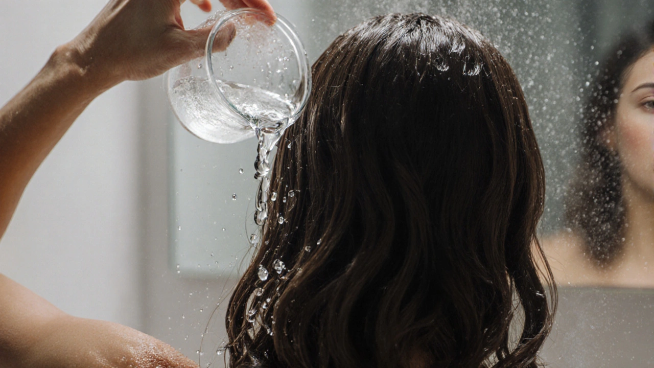 Ruka masíruje vodu s roztokem sody na mokré vlasy.