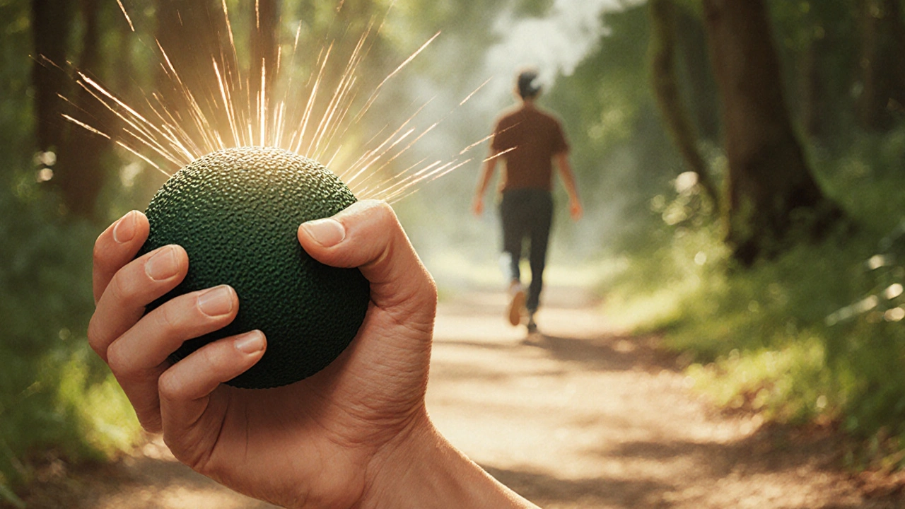 Ruka stiskuje texturovanou kouli, za ní člověk klidně kráčí lesní cestou.