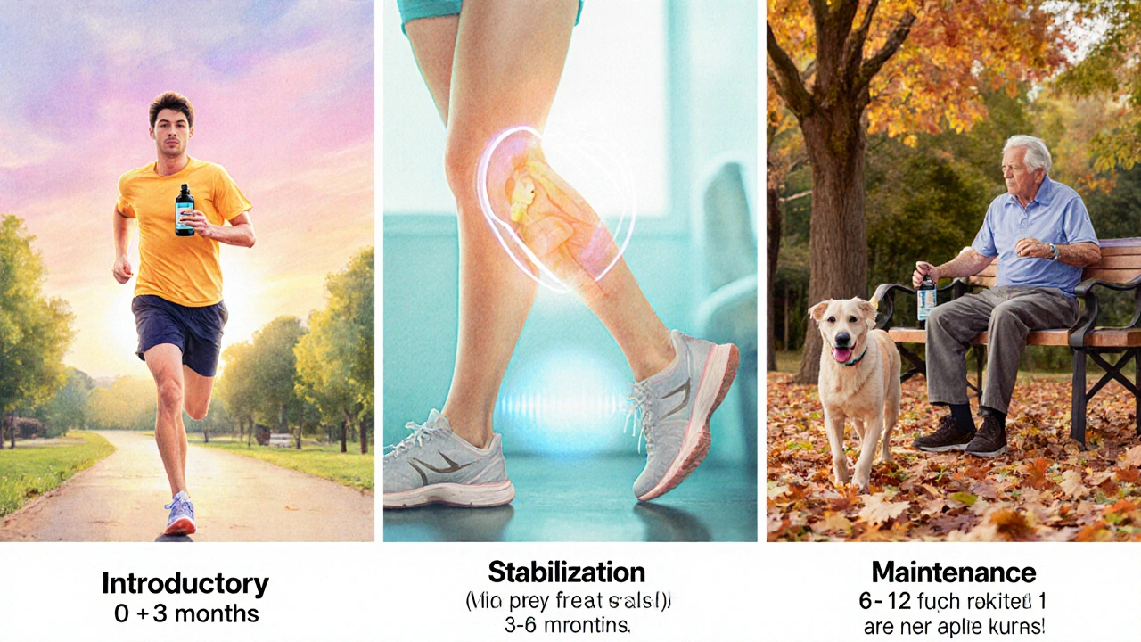 Tři vodové obrazy ukazují postup od běhání po klidnou procházku během doplňování kloubů.