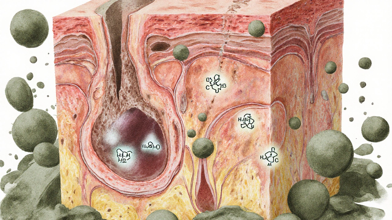 Vnitřní řez pokožky s cizími látkami v pórách a chemickými látkami ještě ještě odstraňujícími zácpy.