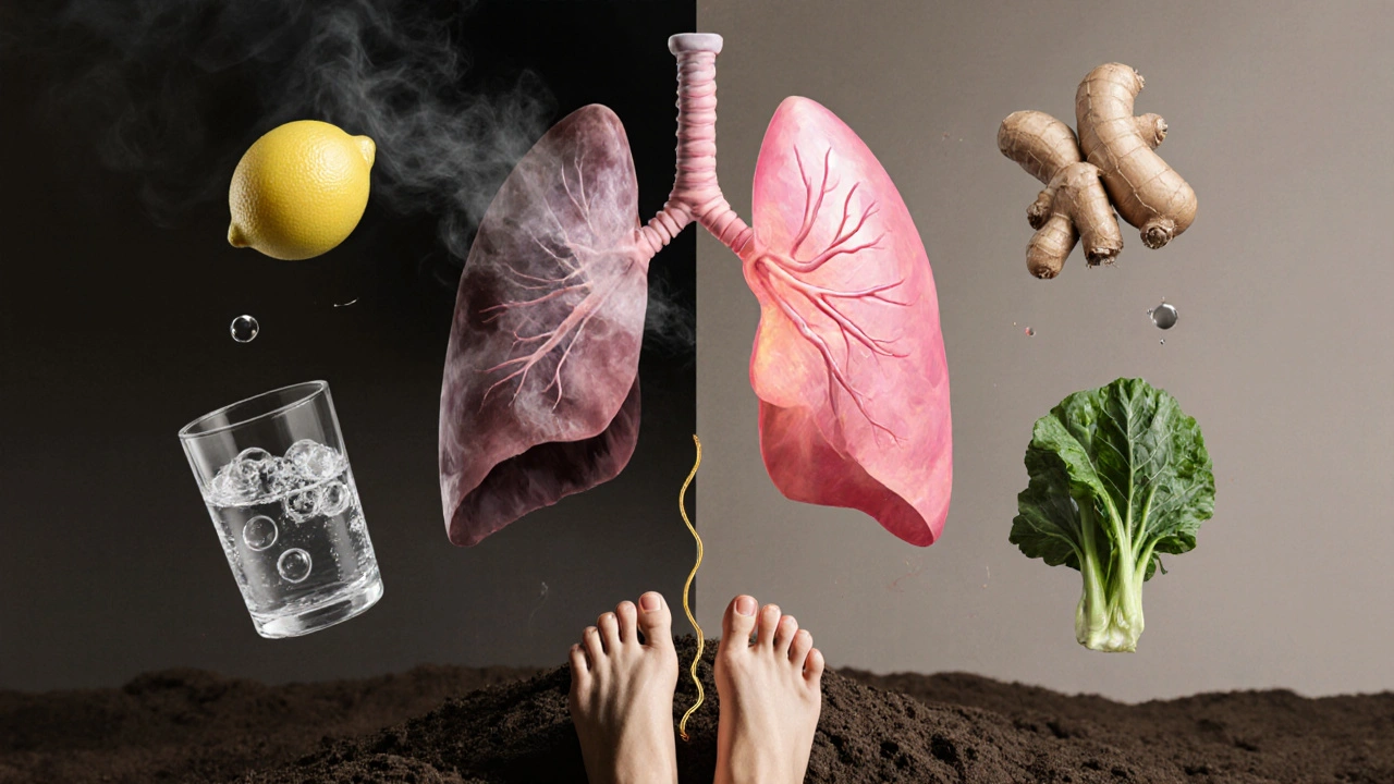 Zdravá plicní tkáň se mění z tmavé a poškozené na světlou a živou, obklopená přírodními detoxikačními symboly.