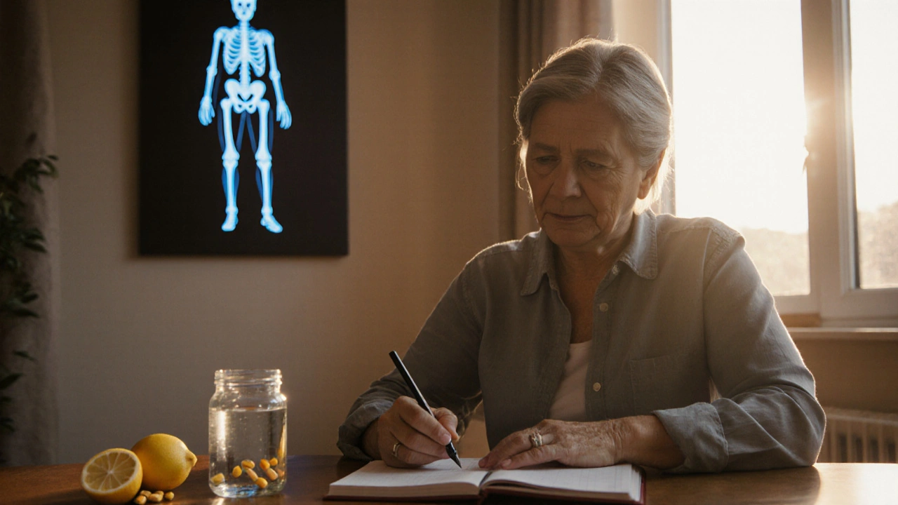 Žena kontroluje bolestový deník u stolu, vedle doplněk a zářící kostra kolen.