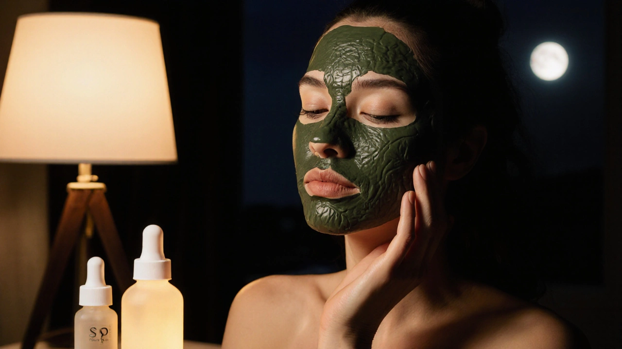 Žena má na obličeji jílovou masku a v pozadí viditelné hydratační produkty v nočním prostředí.