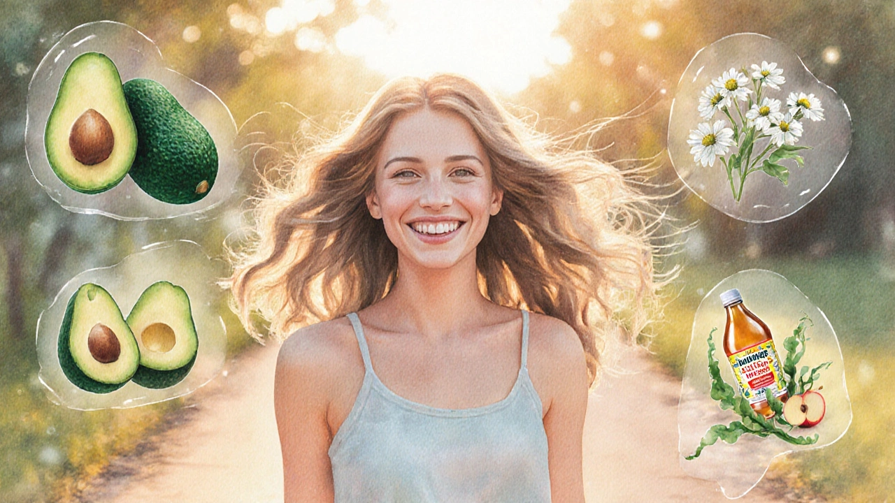 Žena s lesklými zdravými vlasy obklopena přírodními ingrediencemi.