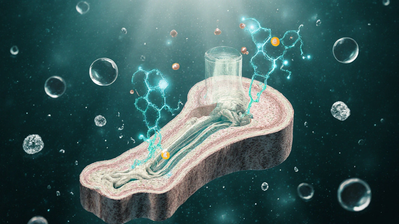 Zvětšený řez šlachy s viditelnými kolagenovými vlákny a molekulami vitamínu C.