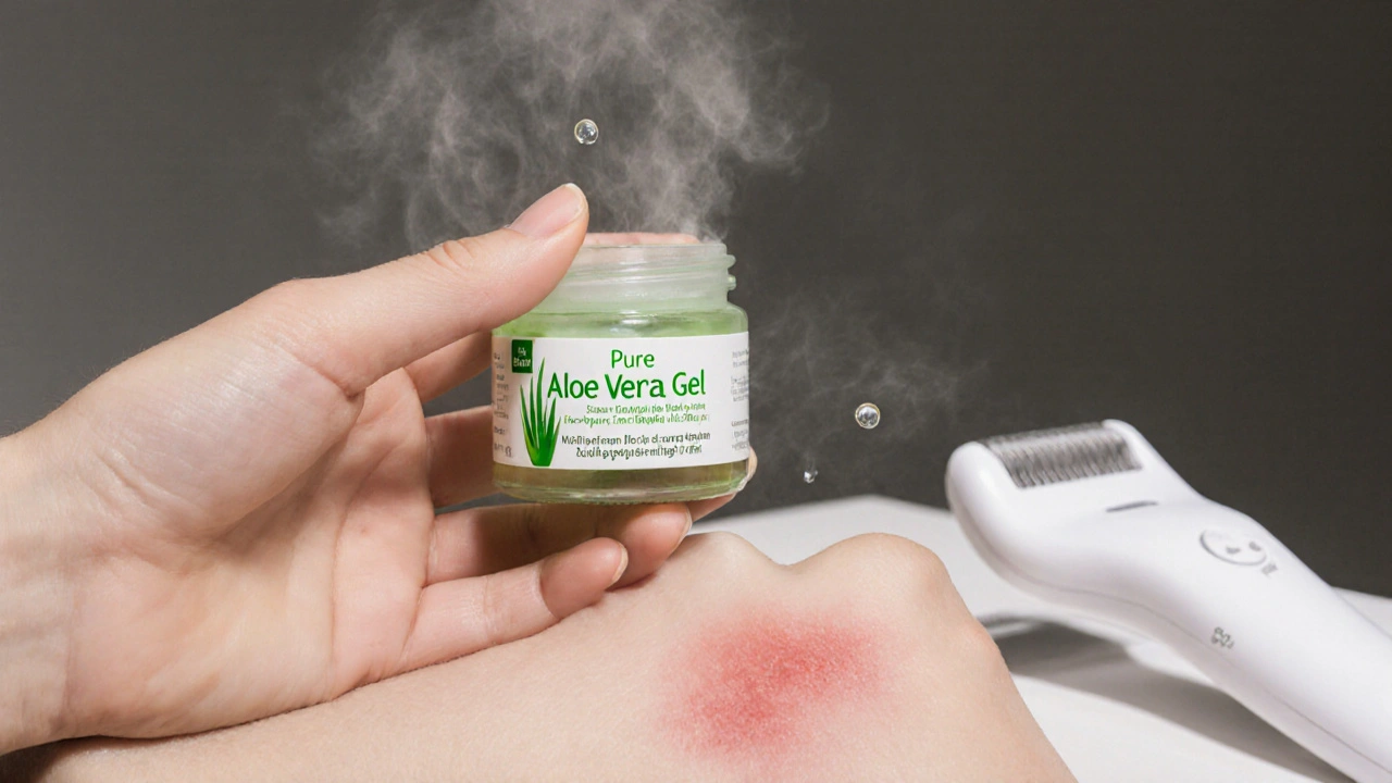 Aloe vera gel a epilátor na pozadí mírně zčervenalé kůže.