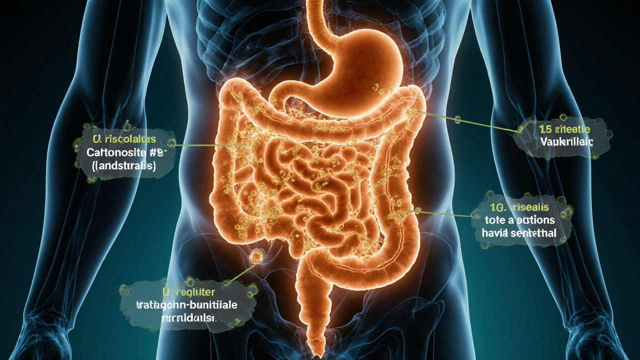 Anatomická ilustrace trávicího traktu s různými druhy laktobacilů v akci v různých částech těla.