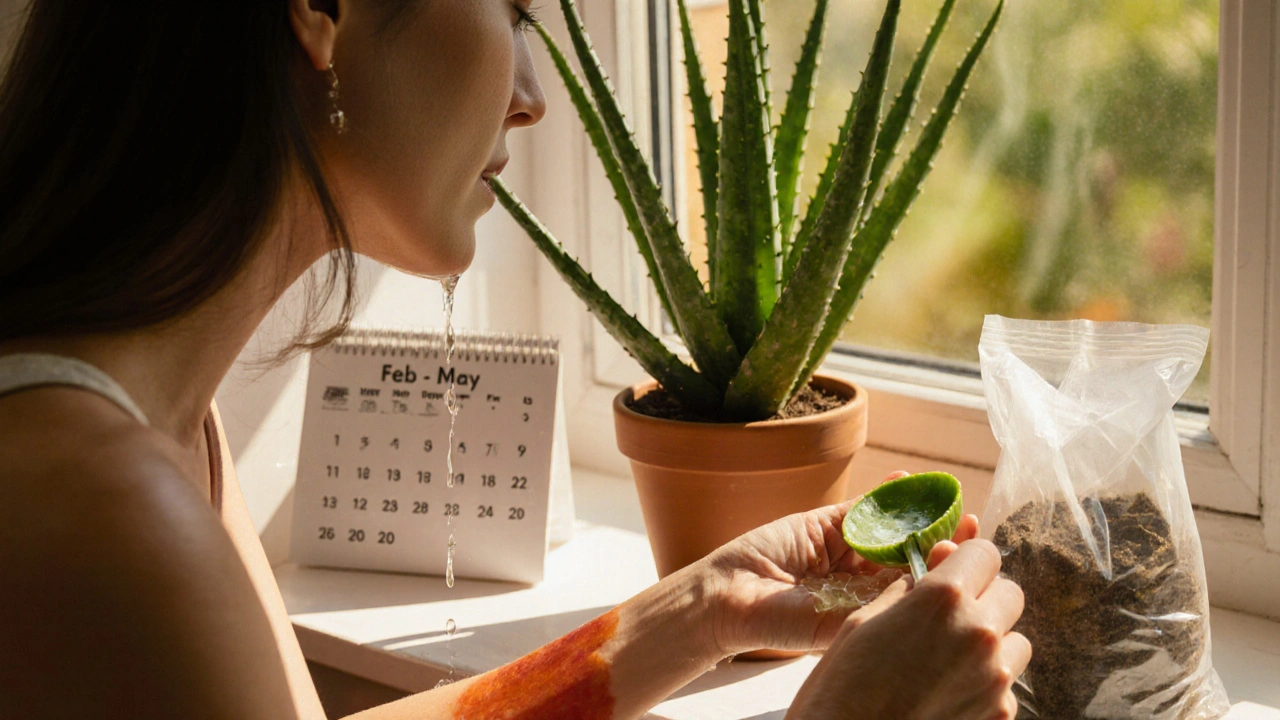 Čerstvé želé z aloe vera se kapá na popálenou kůži, za ní roste zdravá rostlina na slunném okně.