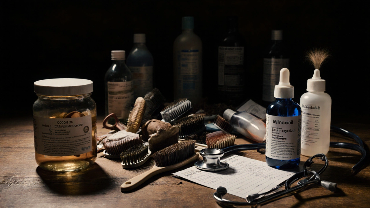 Dřevěný stůl s odstraněnými kosmetickými produkty na levé straně, na pravé straně minoxidil a lékařský předpis s lékem, který roste.