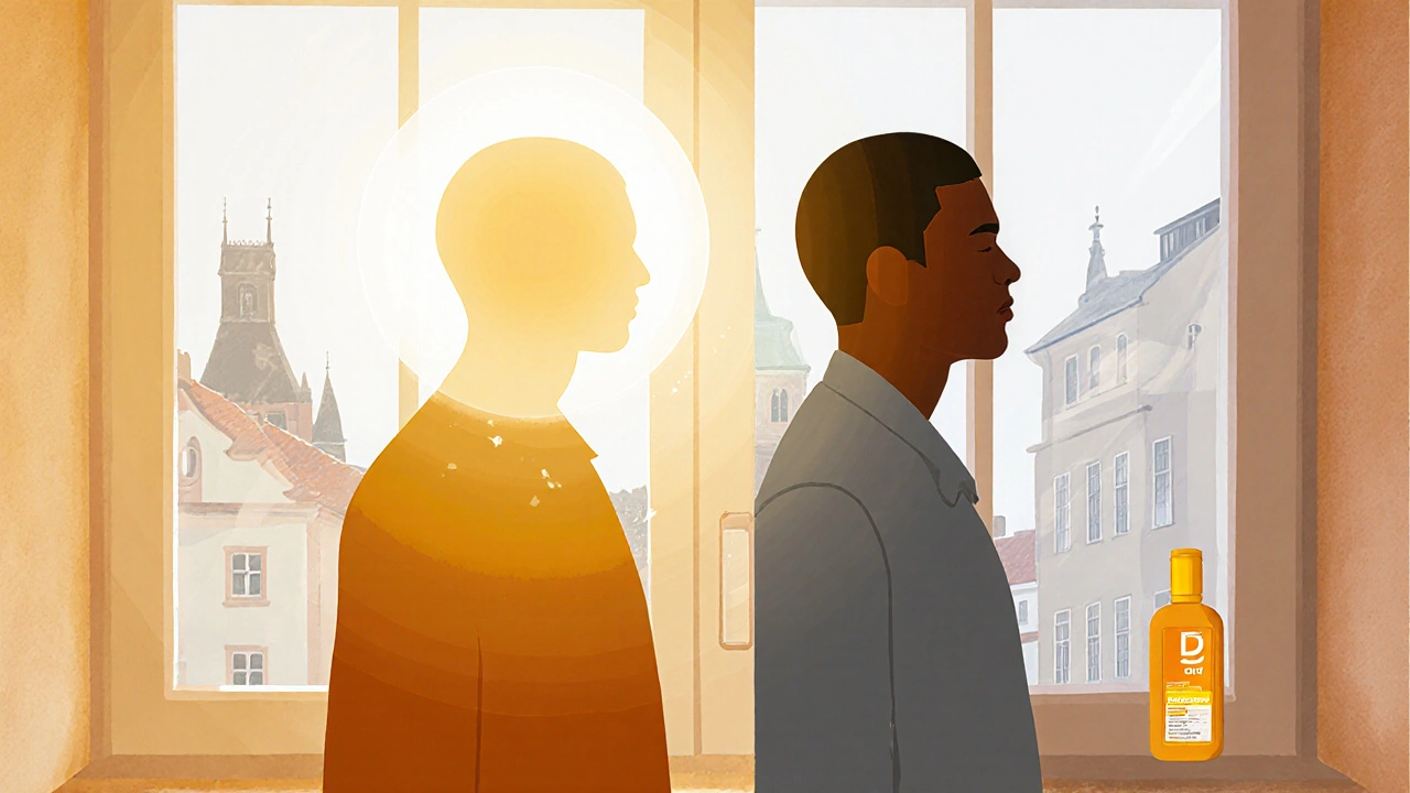 Dva lidé s různými odstíny kůže pod zimním sluncem — tmavší kůže potřebuje více světla.