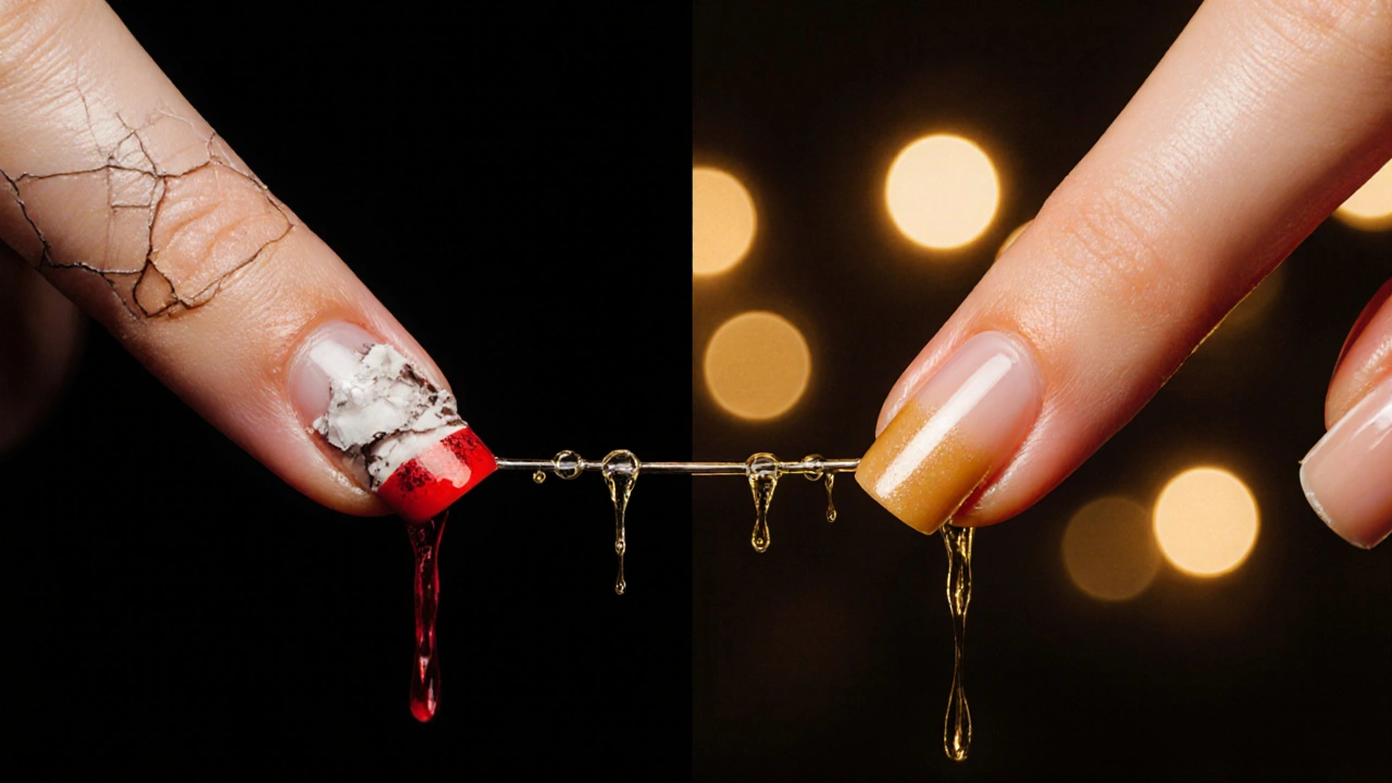 Dvě strany nehtů: poškozené na levé, zdravé na pravé, spojené kapkami oleje.