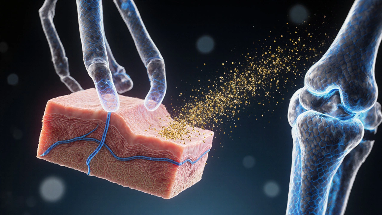 Ilustrace kolagenových molekul proudících do kůže a kloubů jako zlaté částice.