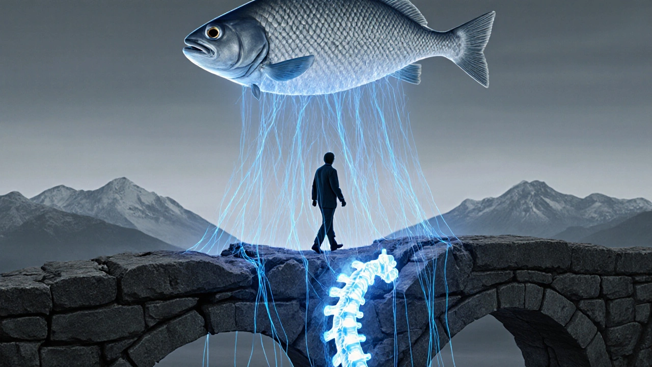 Kládka těla obnovována jemnými modrými vlákny kolagenu z rybích šupin, člověk kročí směrem k horám.