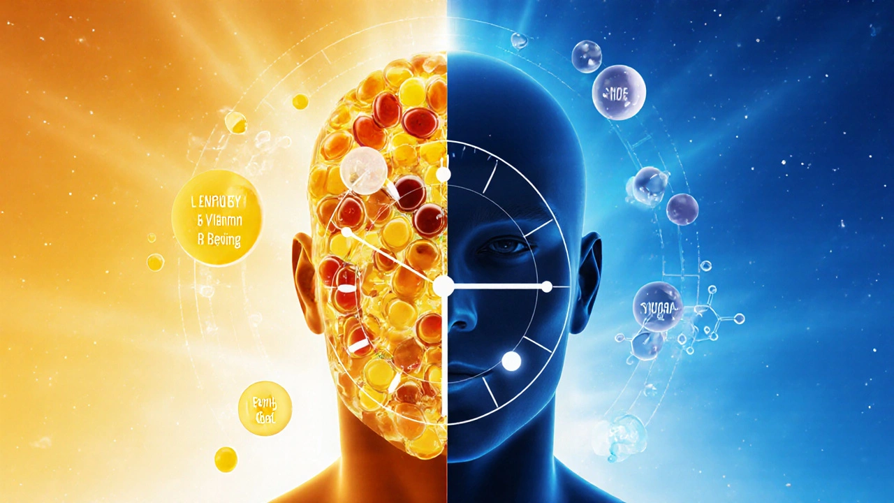 Koncepční obraz člověka rozděleného podle času dne s teplými a studenými barvami pro ráno a večer.