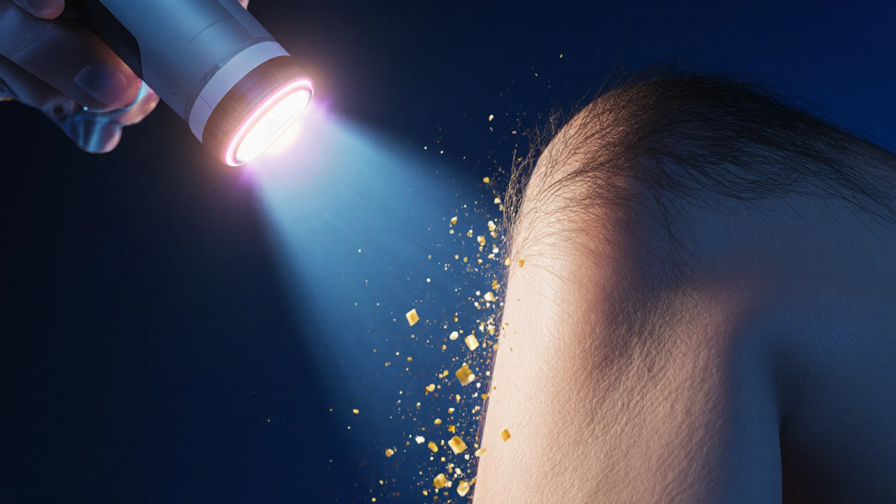 Laserové paprsky ničí chloupky na noze, které se mění v zlaté částice.