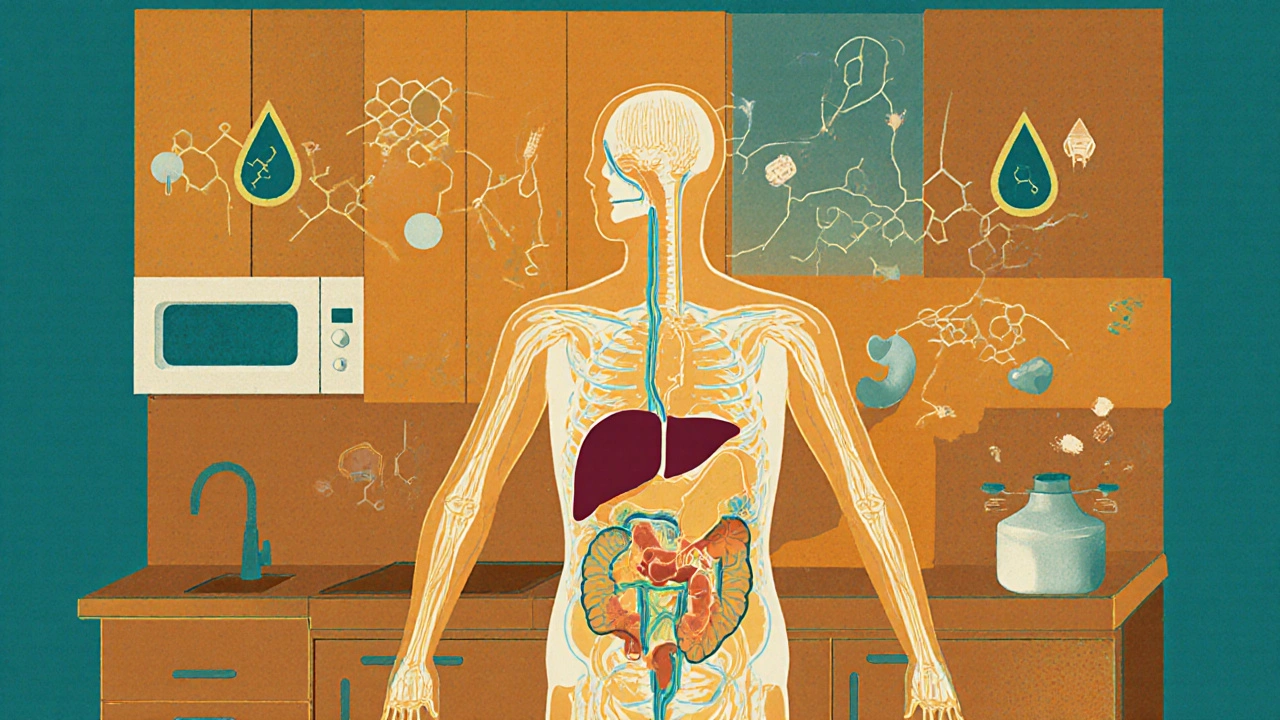 Lidské tělo jako čistá kuchyně s orgány jako zařízení a toxinami vypouštěnými ven.