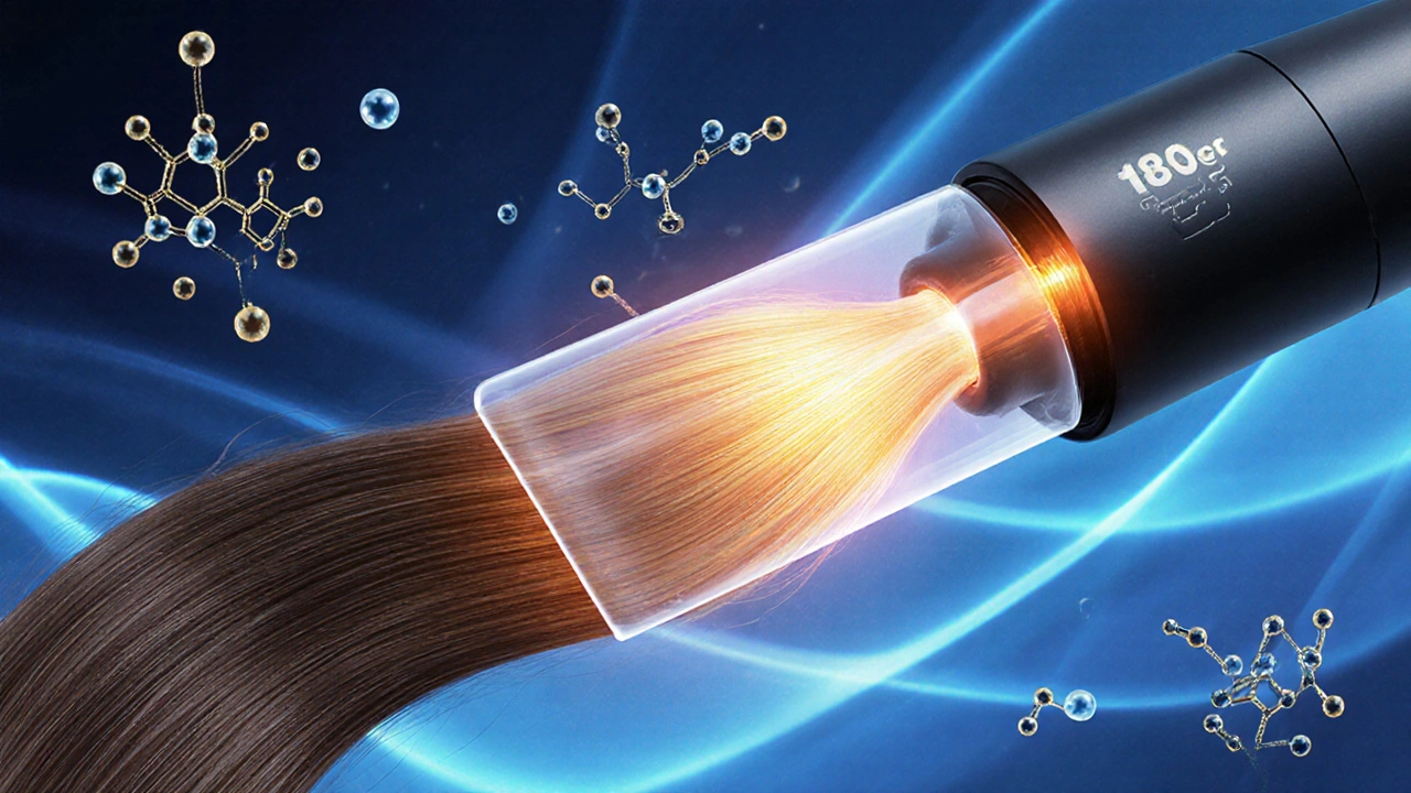 Ochranná vrstva séra chrání vlasy před teplem horkého žehličky, viditelná jako průhledný štít.