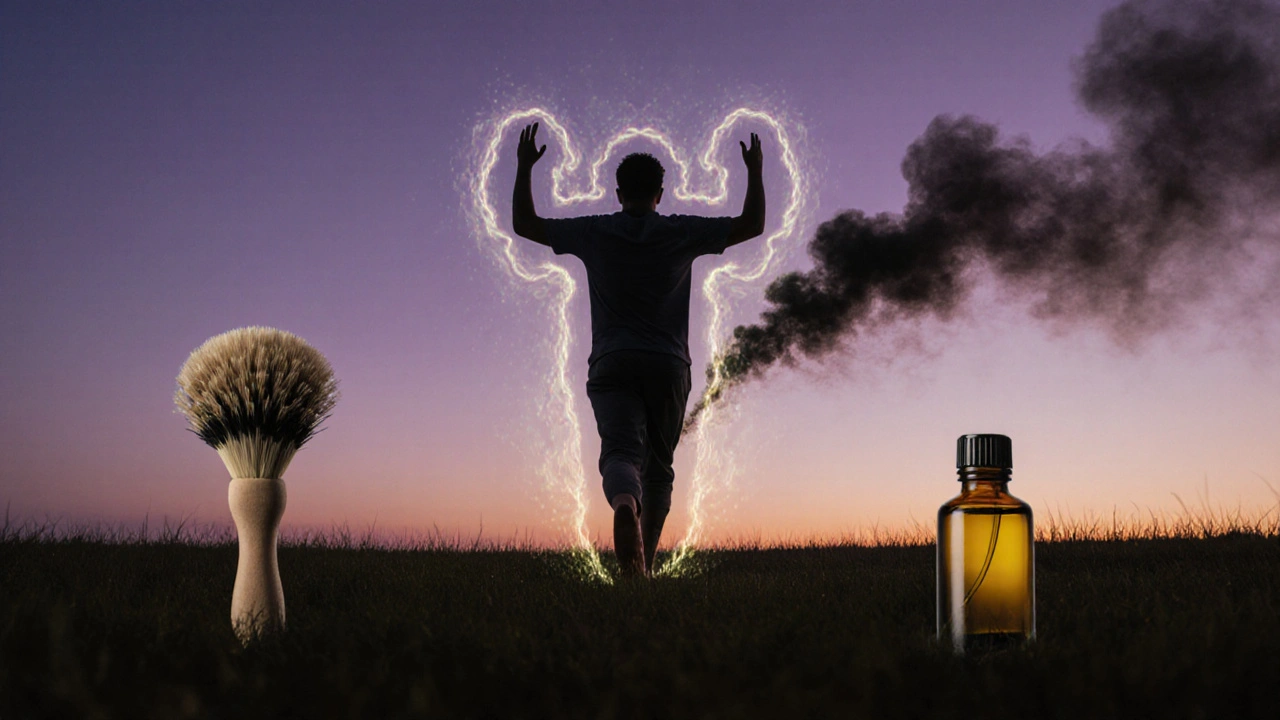 Osoba chodí bosá na trávě ve večerním světle, vypouští toxiny jako kouř.