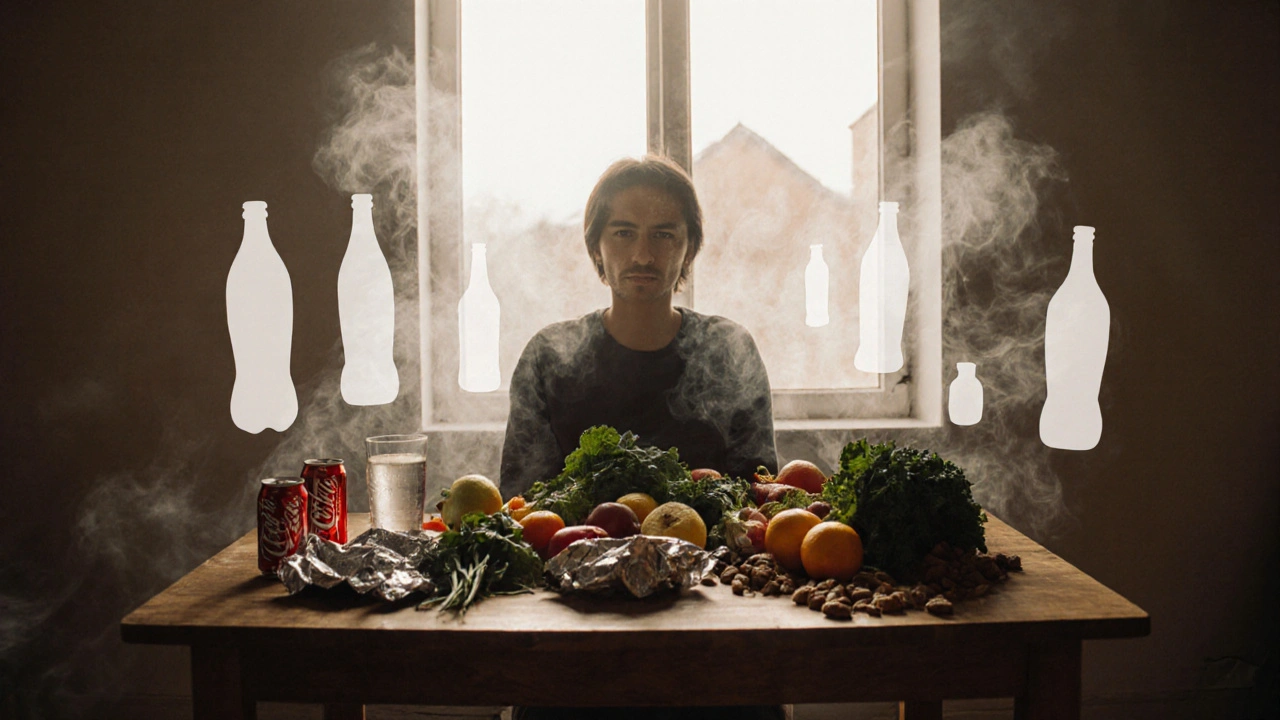 Osoba konzumuje zdravou potravu, zatímco nezdravé návyky se rozplynou.