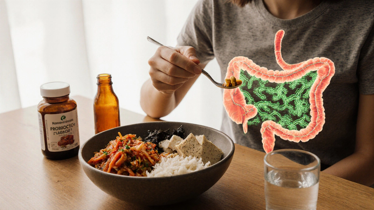 Osoba konzumující kysané potraviny a probiotika pro obnovu střevního zdraví.
