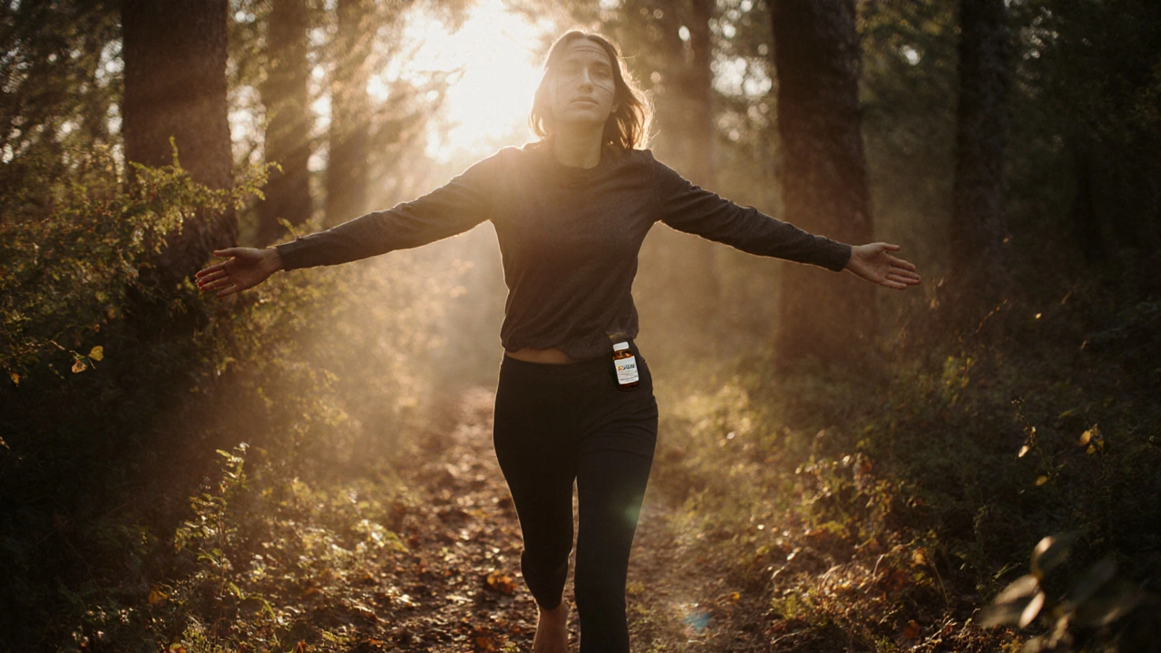 Osoba kráčí v lese za západu slunce, klidná a přirozená, s náznakem zdravého životního stylu.