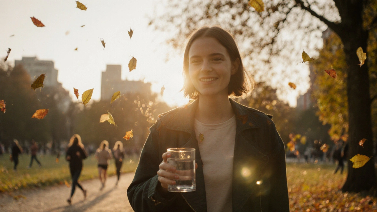 Osoba prochází parkem bez alkoholu, symbolizující obnovu.