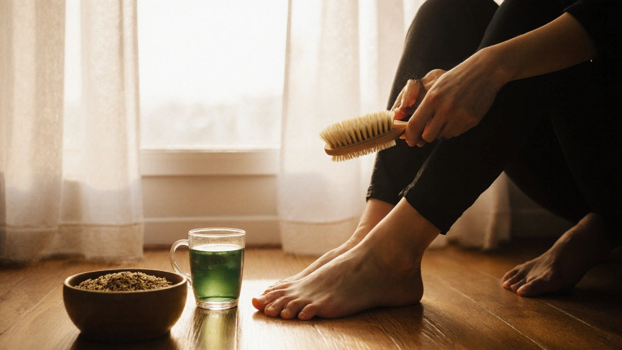 Osoba štětkuje kůži ráno před oknem s šálkem zeleného čaje v pozadí.