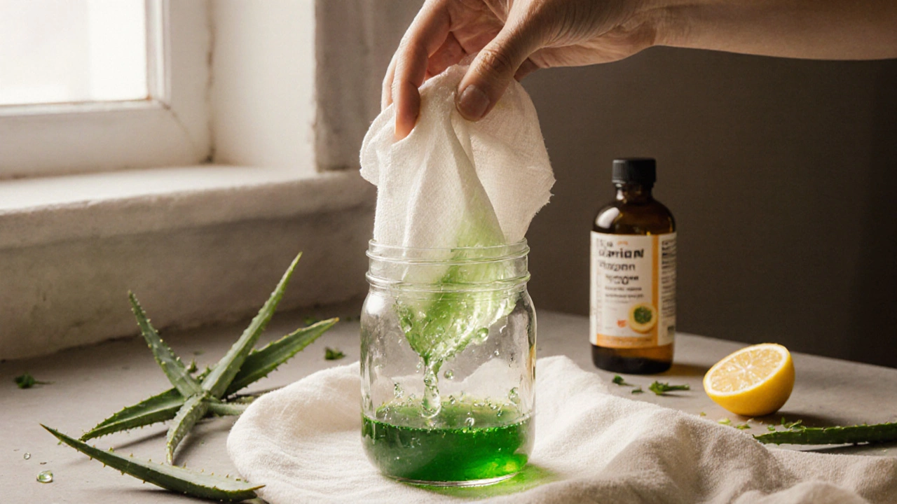 Osoba tlačí gel z aloe vera skrze látku do skleněné nádoby.