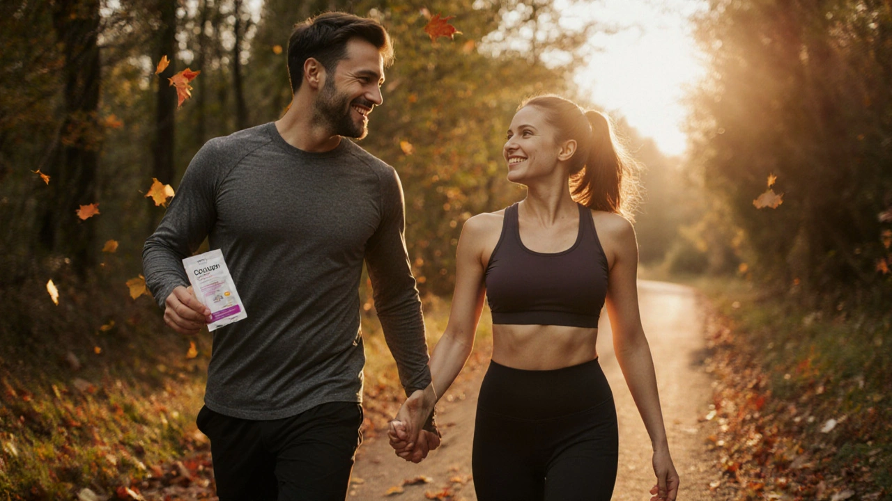 Pár v 30 letech prochází lesem, jejich kůže září zdravím, drží balíček kolagenu.