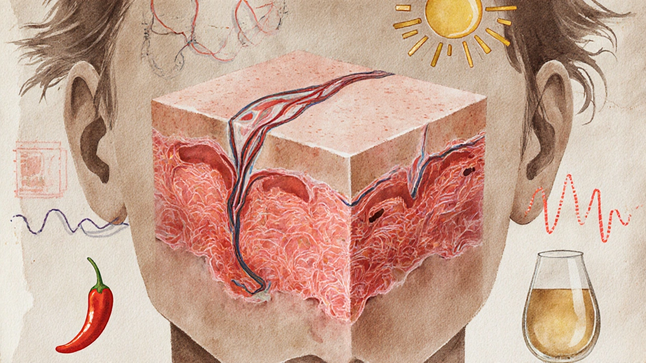 Přehled kůže obličeje s rozšířenými cévami a významnými spouštěči rudnutí.