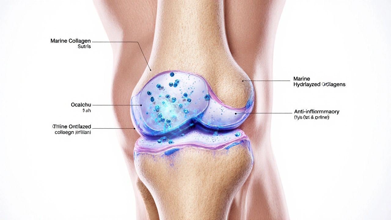 Příčný řez lidského kolena s regenerací chrupavky pomocí molekul mořského kolagenu.