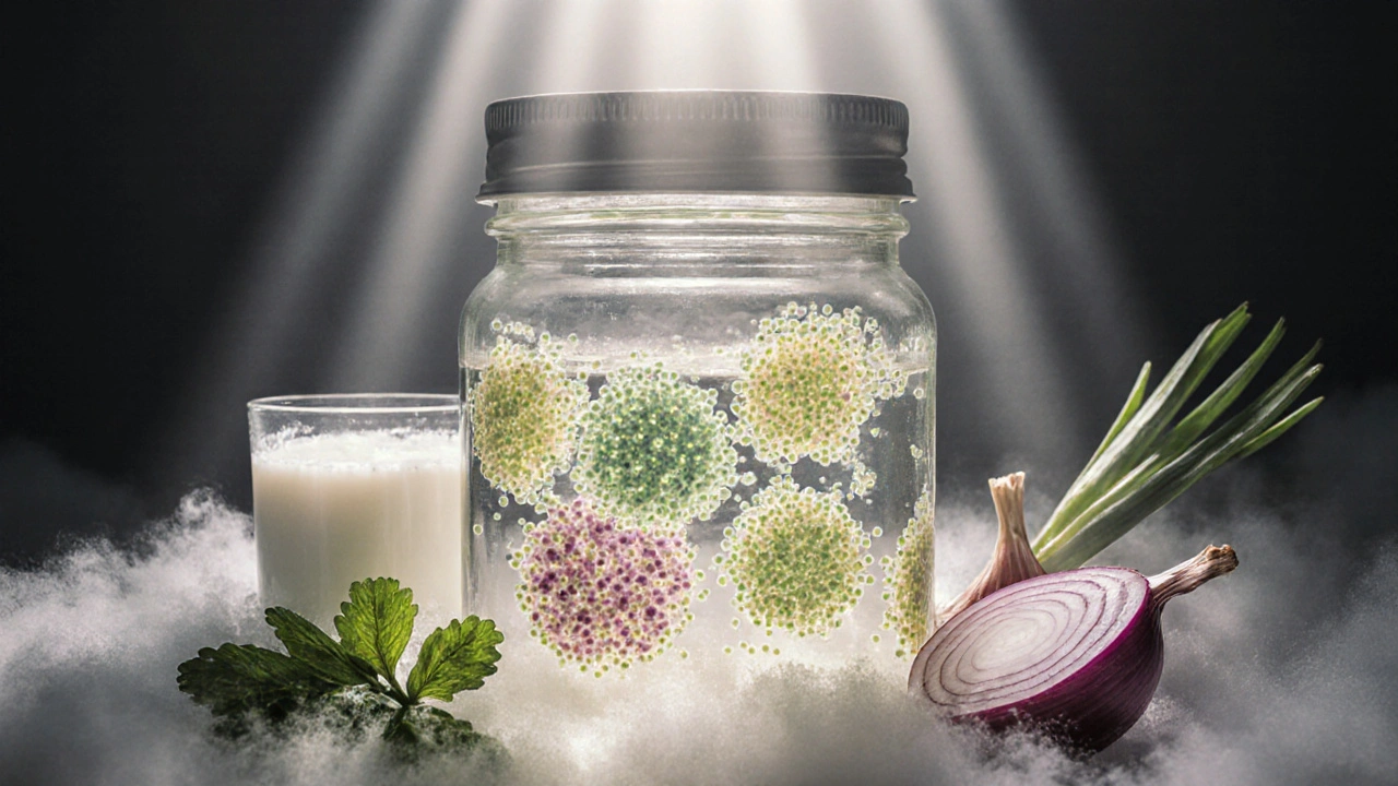 Probiotické kmeny v nádobě spolu s kysanými potravinami jako symbol obnovy střevní mikroflóry.