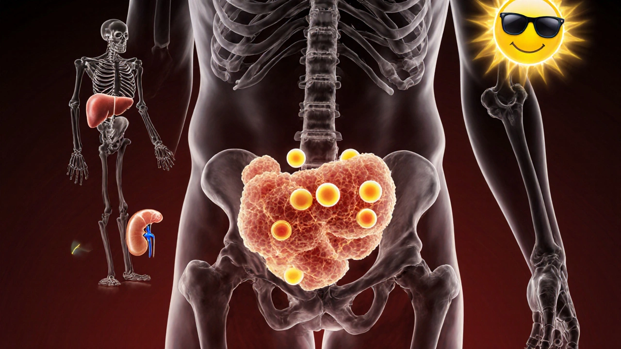 Průhledné tělo s vitamínem D uvězněným v tukové tkáni, slunce blokované krémem.