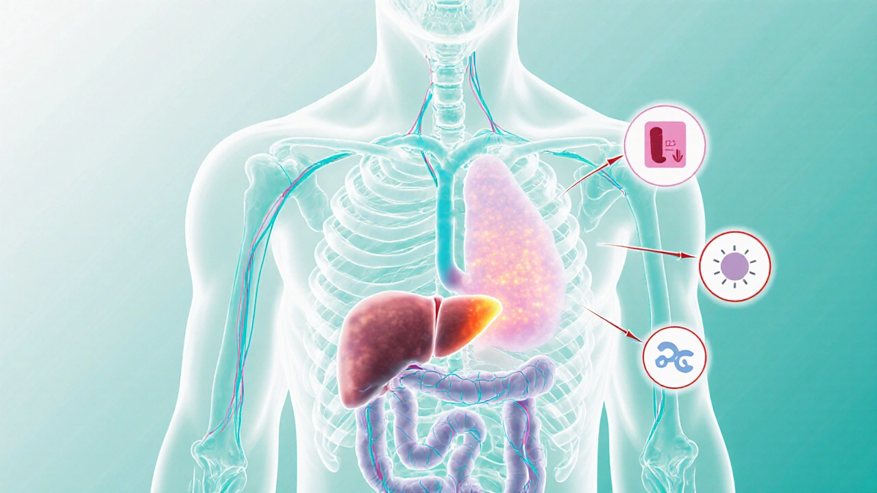 Průřez lidského těla s viditelnými nedostatky vitamínů D3, hořčíku a železa v buňkách.