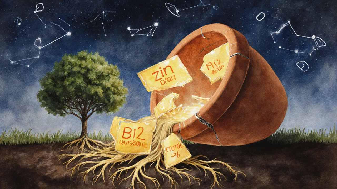 Rozbitá hlína vyzařující zlaté světlo, které se mění v kořeny stromu — symbol doplňování chybějících živin.