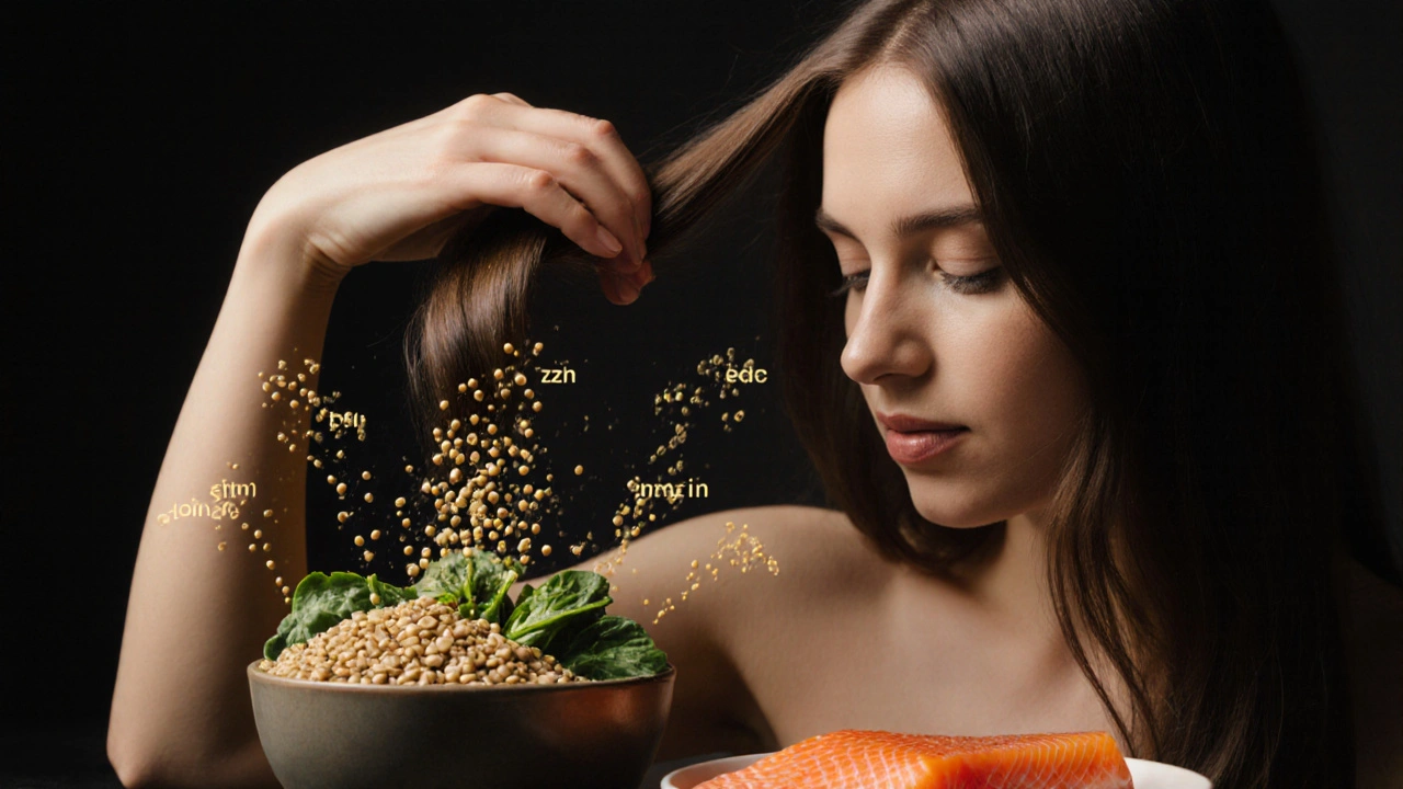 Ruka držící lesklé vlasy, s přírodními živinami proudícími z potravin vedle.