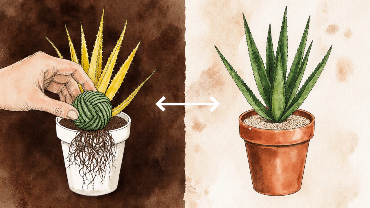 Ruka vyjímá aloe vera z hrnčíku, odhaluje hustou kořenovou kouli, pozadí ukazuje přesazení.