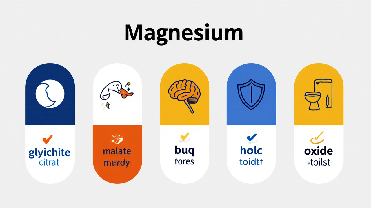 Srovnání pěti forem hořčíku s ikonami pro jejich účinky: spánek, energie, nervy, imunita, trávení.