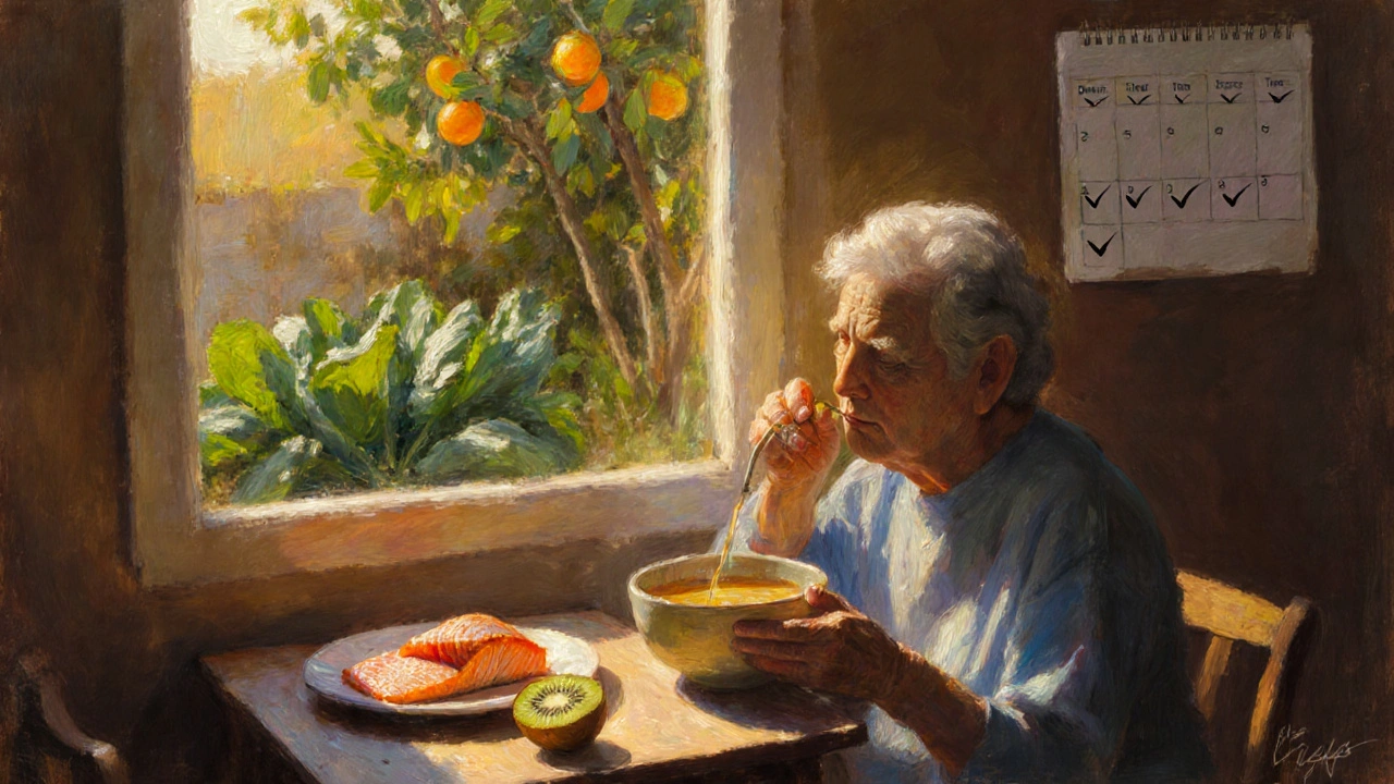 Stará osoba pije rybí vývar s pečeným lososem a kiwi při slunečném světle.