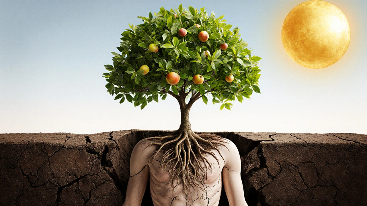 Strom rostoucí z těla symbolizuje obnovu po 30 dnech zdravého životního stylu.