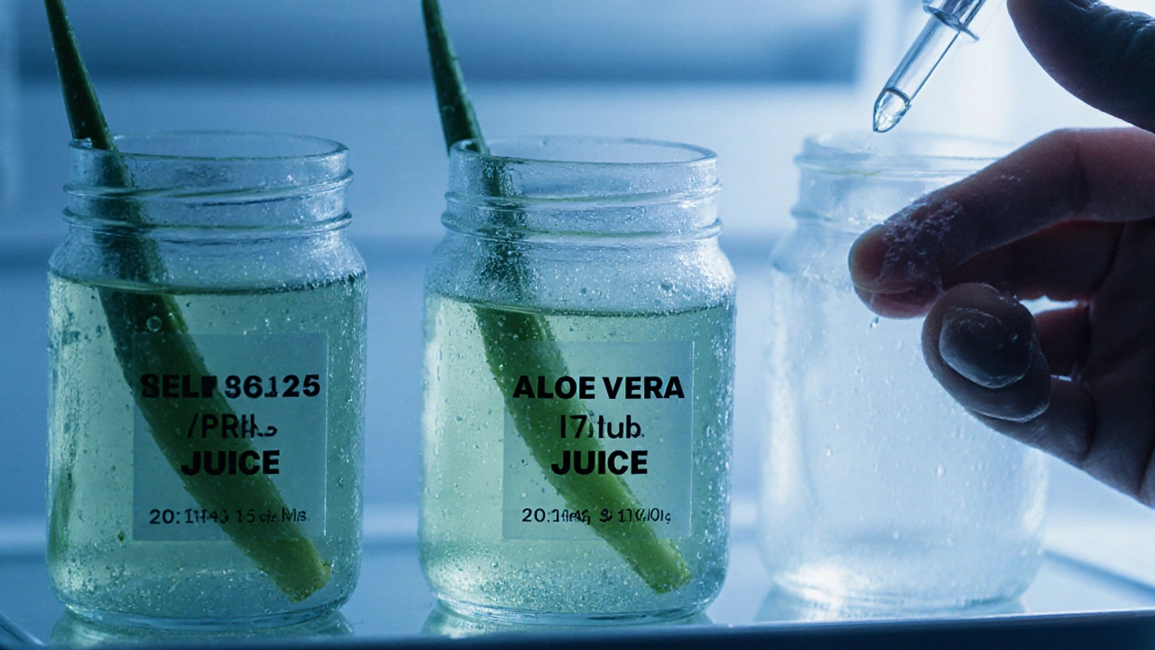 Tři skleněné nádoby s čerstvou šťávou z aloe vera uložené v lednici.