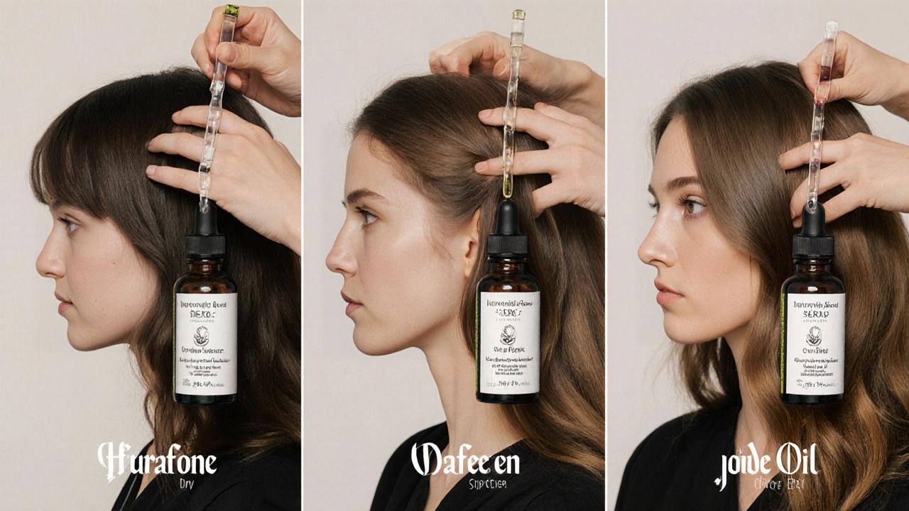 Tři typy vlasů s příslušnými složkami séra: hyaluronová kyselina, kofein a jojoba olej.